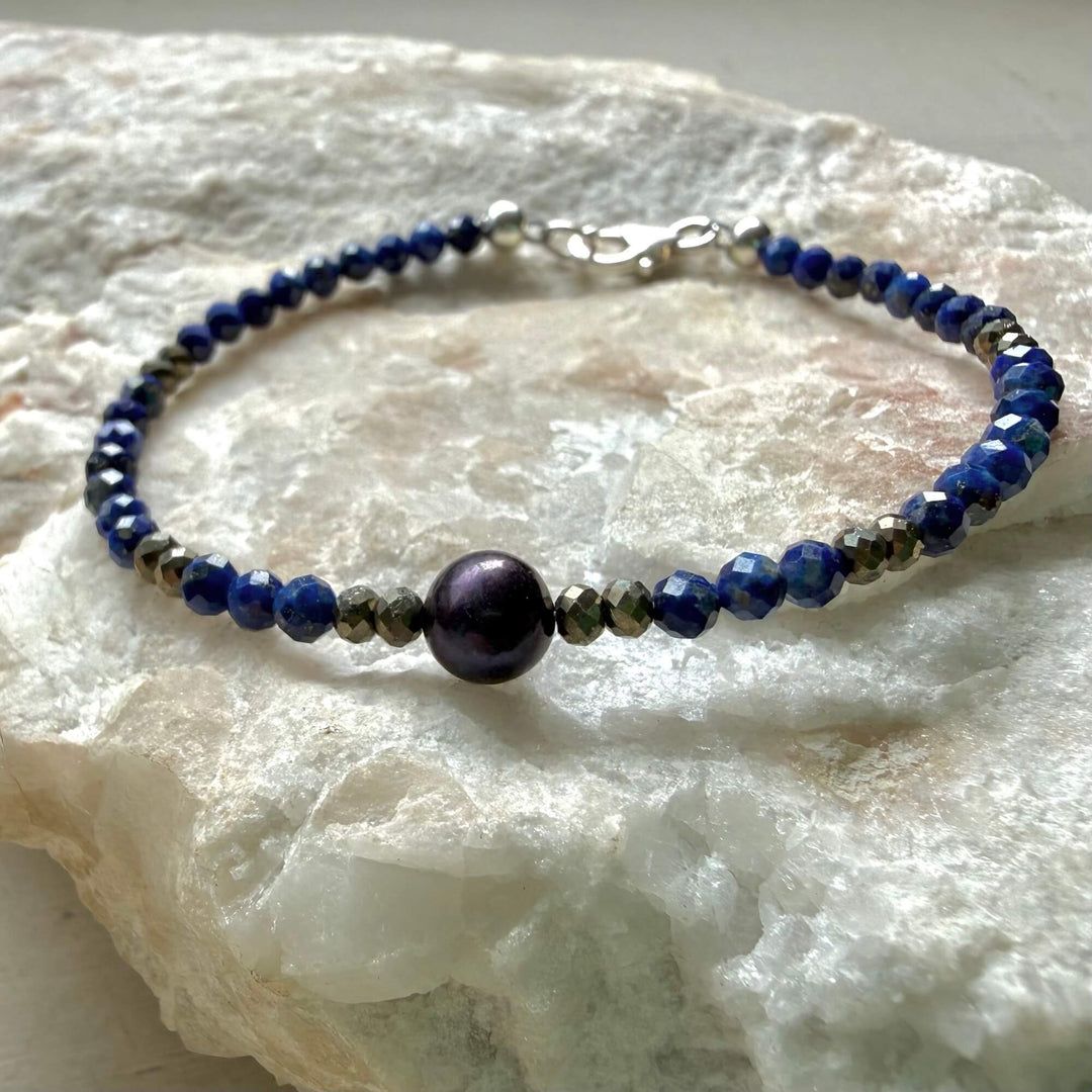 Lapis Lazuli, Pyrite & Black Pearl Bracelet