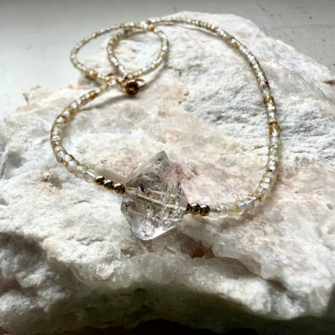 Golden Seeker Of Light Herkimer Diamond & Rutilated Quartz Necklace