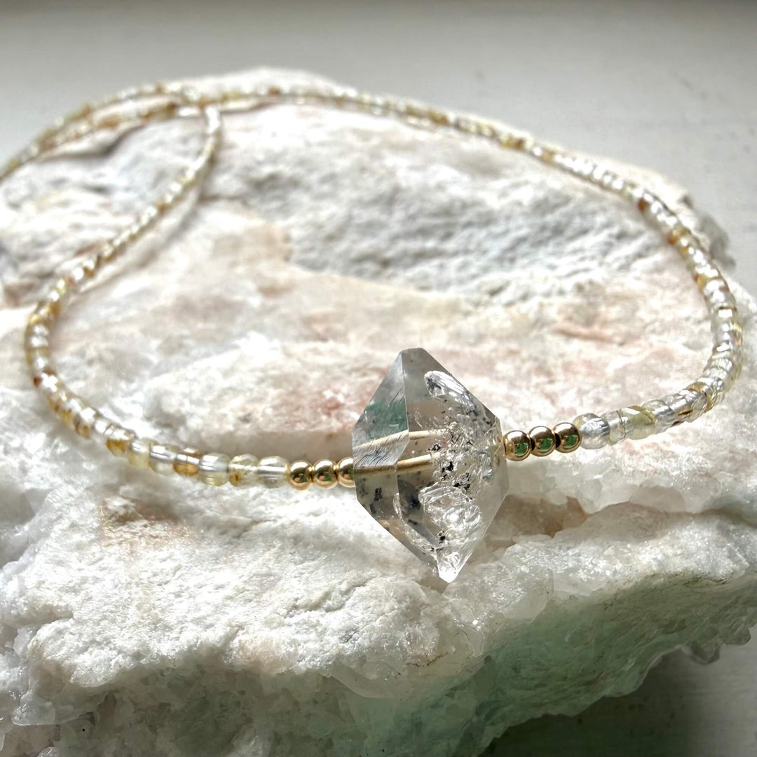 Golden Seeker Of Light Herkimer Diamond & Rutilated Quartz Necklace