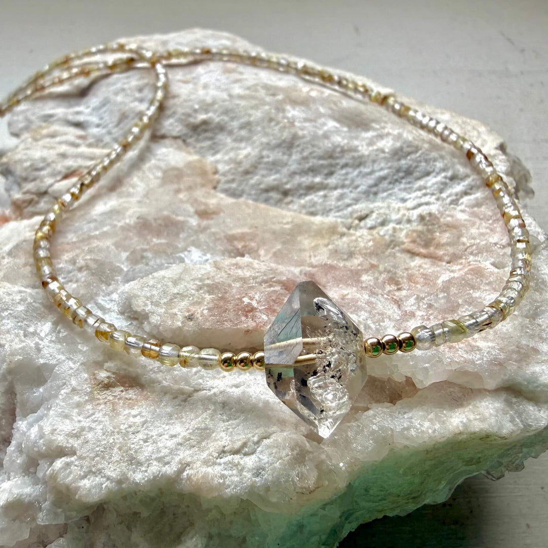 Golden Seeker Of Light Herkimer Diamond & Rutilated Quartz Necklace