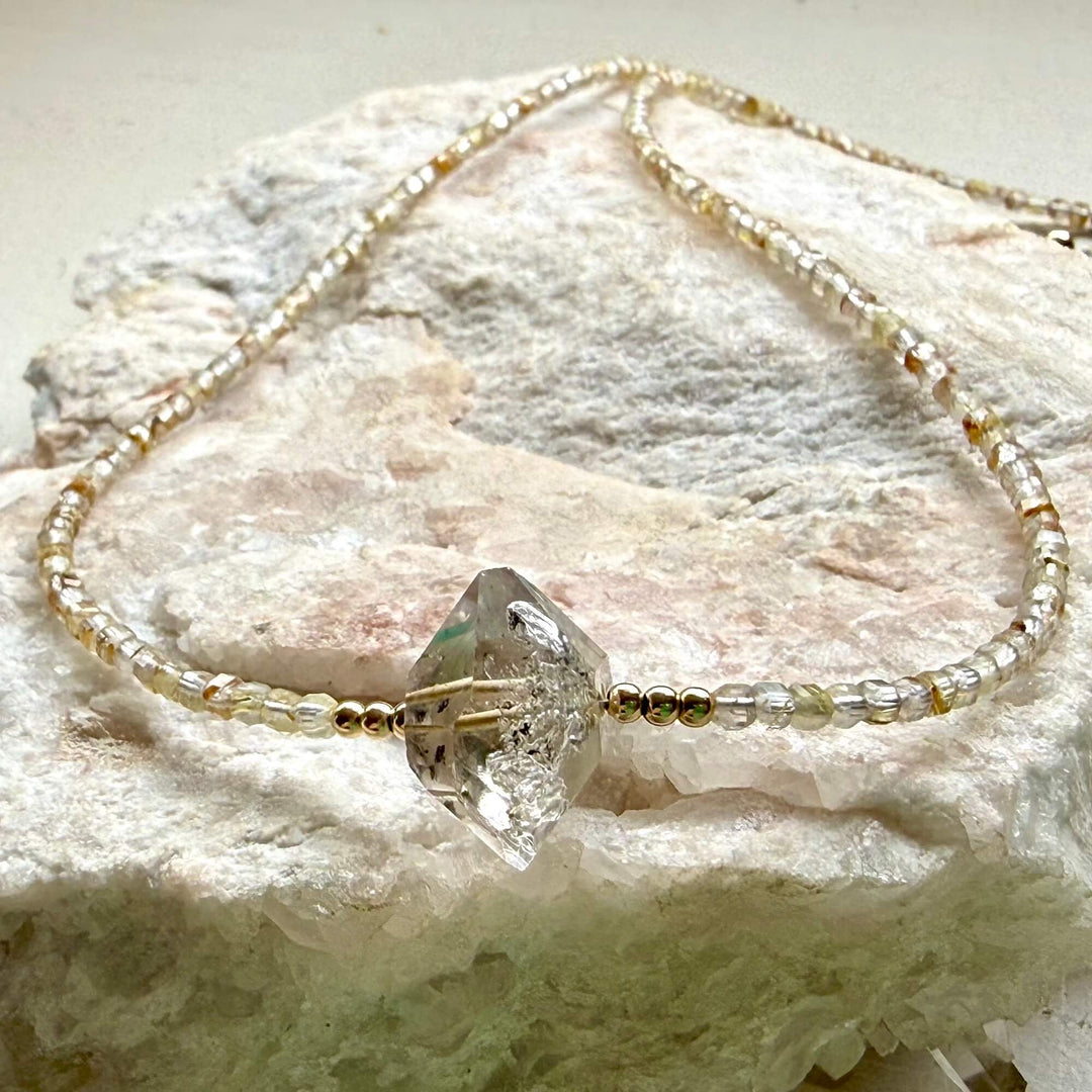 Golden Seeker Of Light Herkimer Diamond & Rutilated Quartz Necklace