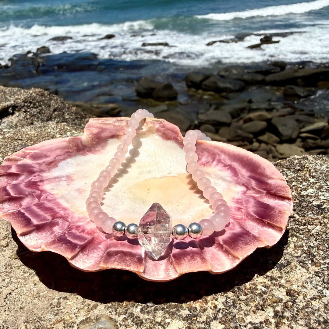 Rose Quartz and Herkimer Diamond Heart Purpose One Of A Kind Necklace