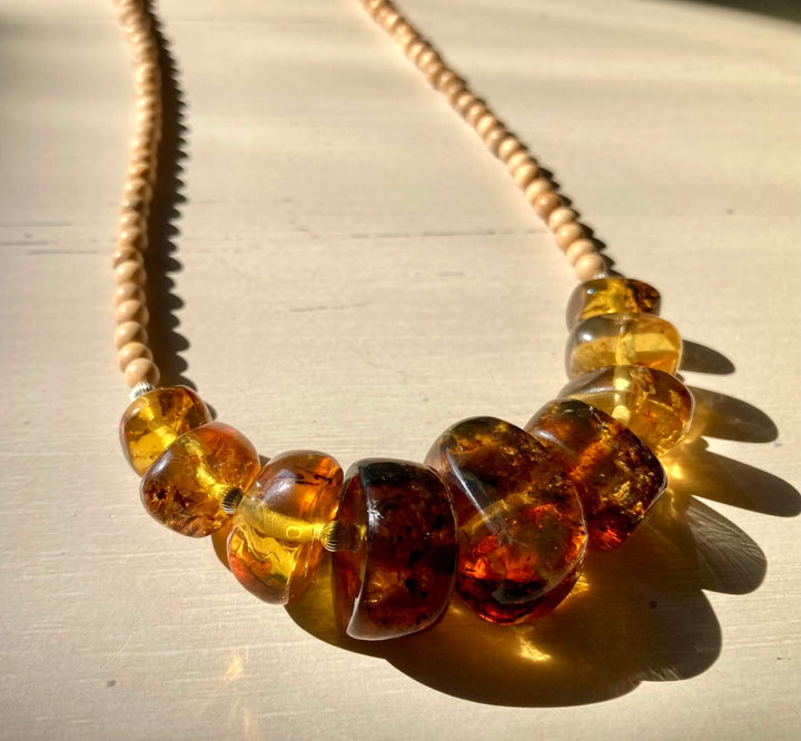Amber Statement Necklace with Natural Wood
