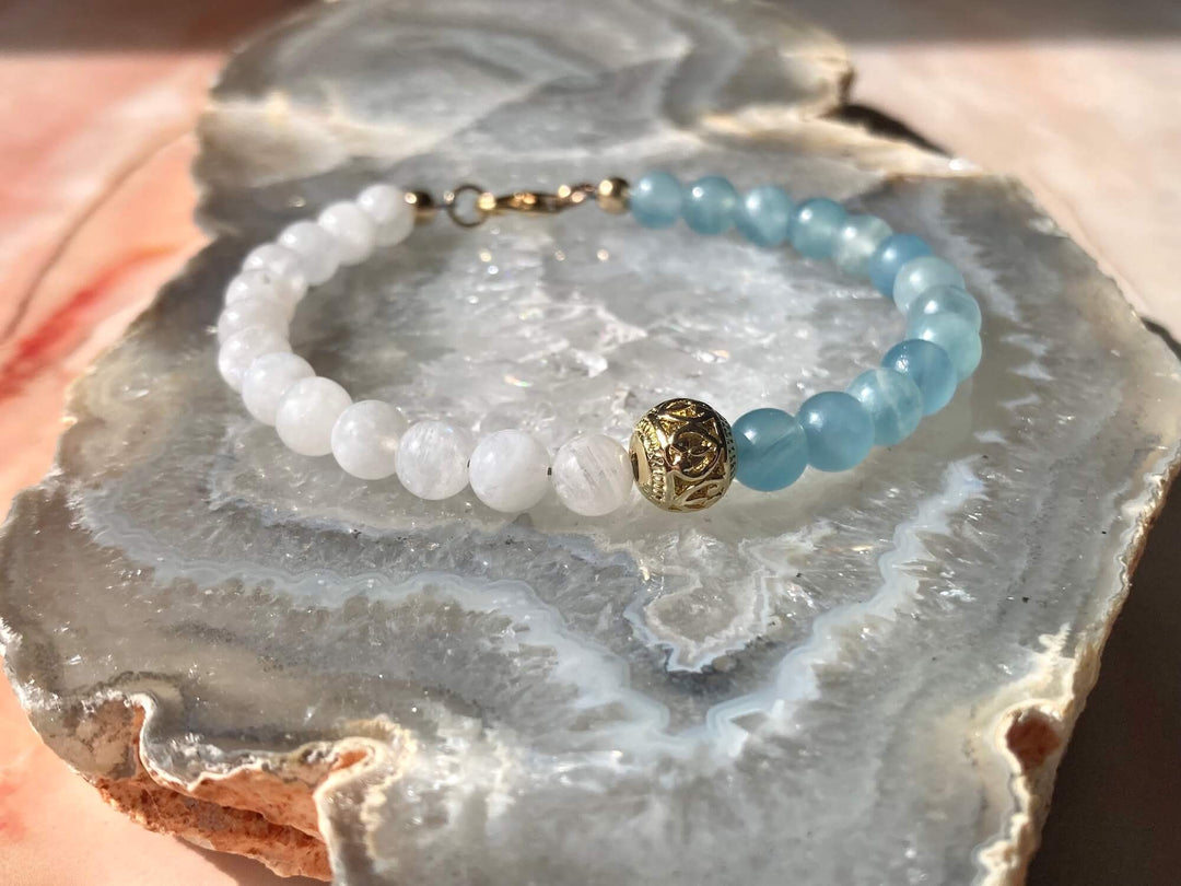 True North Lemurian Aquatine Calcite & Moonstone Gold Bracelet