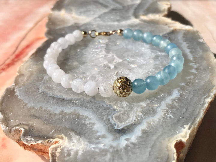 True North Lemurian Aquatine Calcite & Moonstone Gold Bracelet