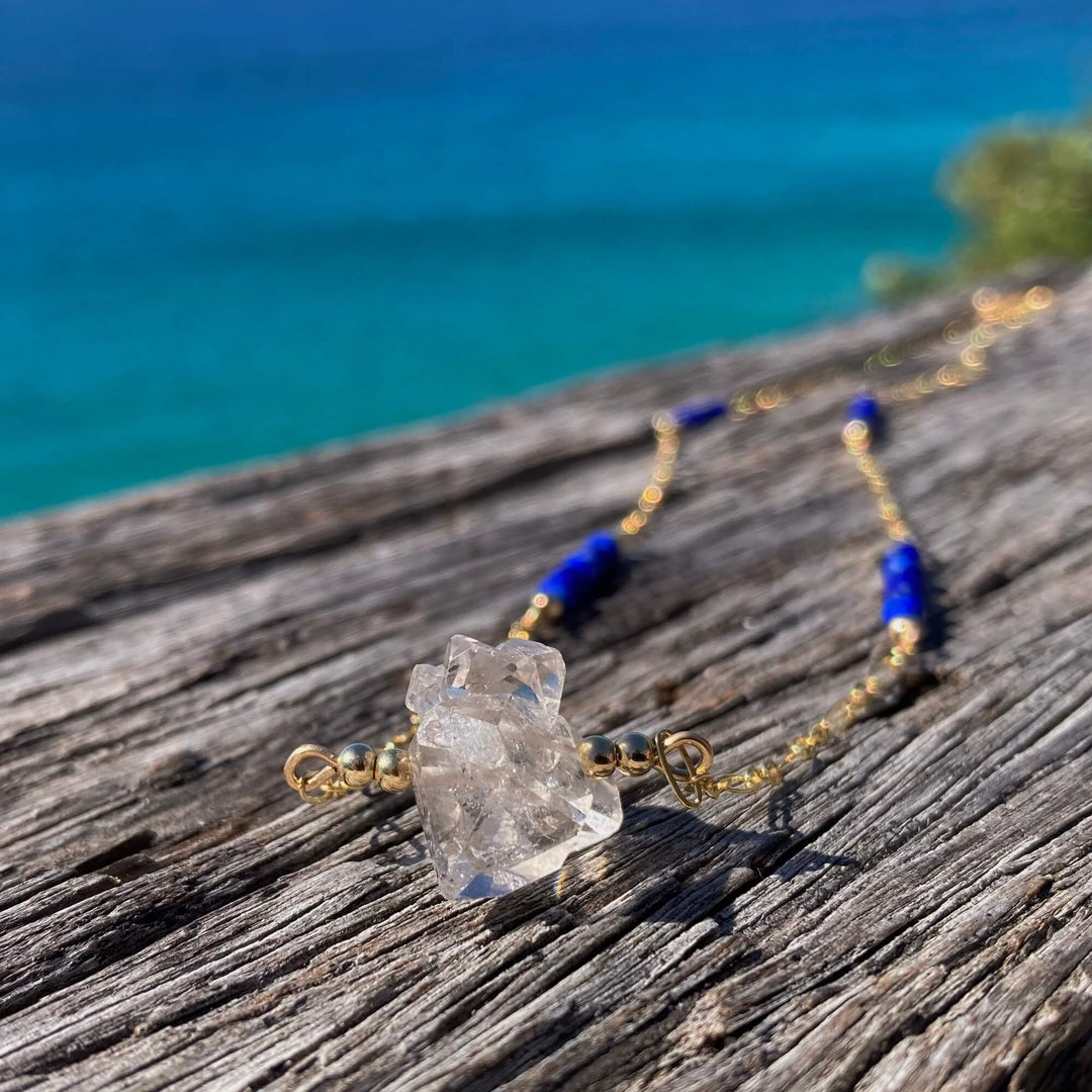 Golden Herkimer Diamond and Lapis Lazuli Chain Necklace