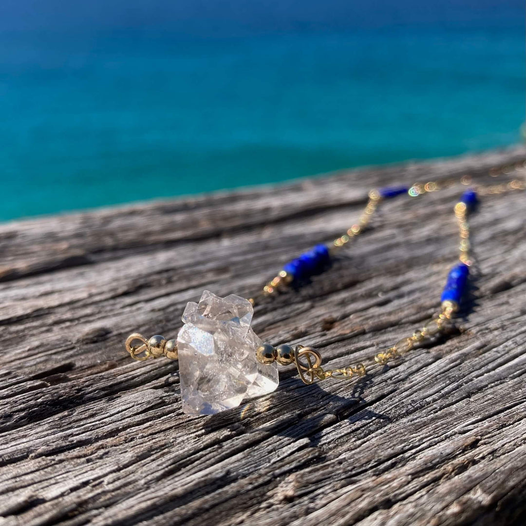 Golden Herkimer Diamond and Lapis Lazuli Chain Necklace