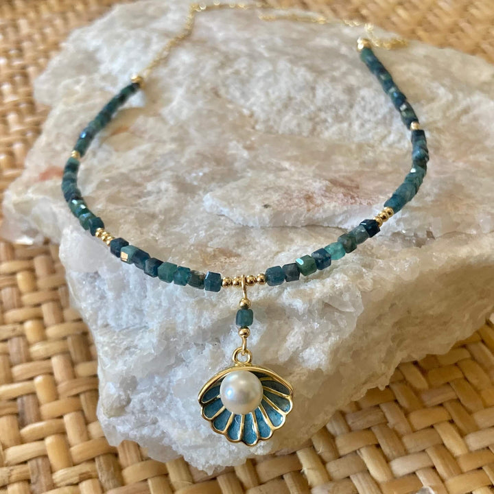Paraiba Blue Tourmaline & Gold Shell Pendant Necklace
