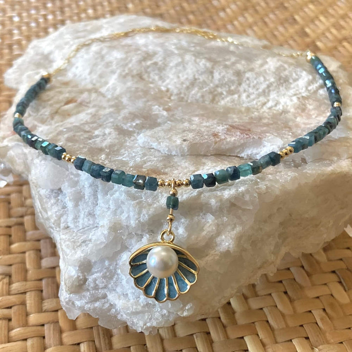 Paraiba Blue Tourmaline & Gold Shell Pendant Necklace