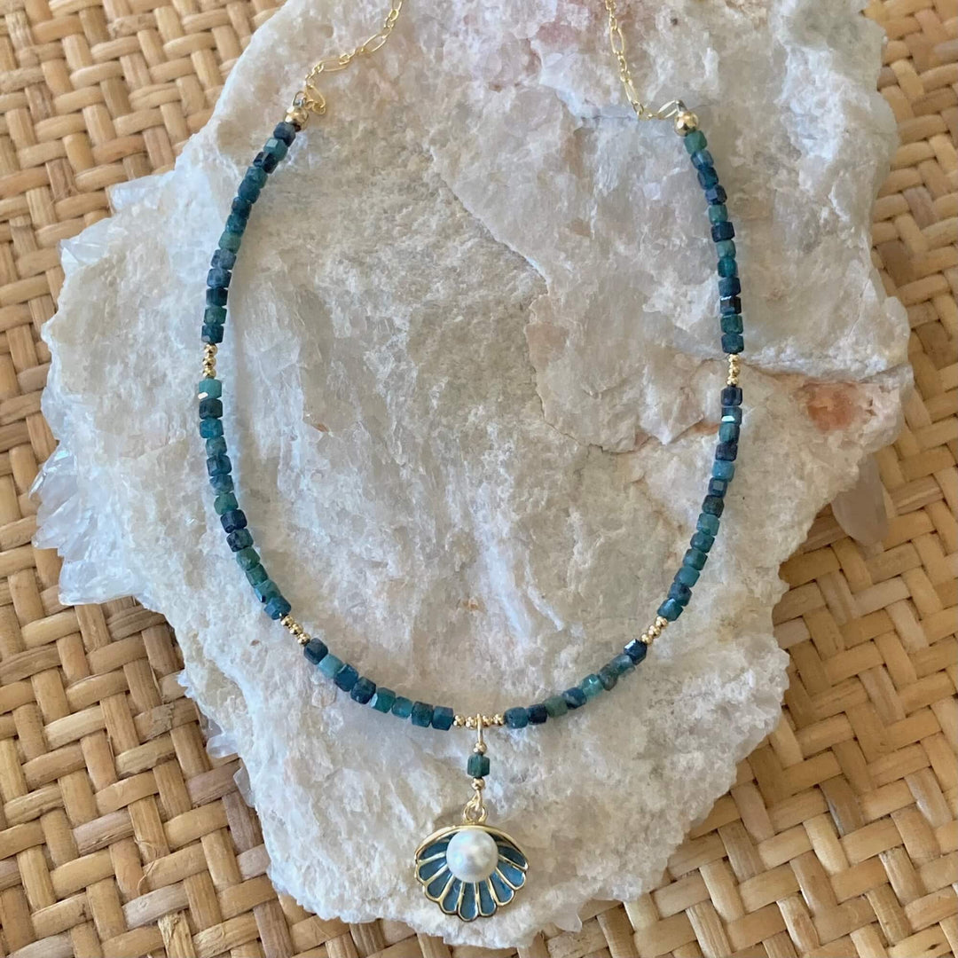 Paraiba Blue Tourmaline & Gold Shell Pendant Necklace