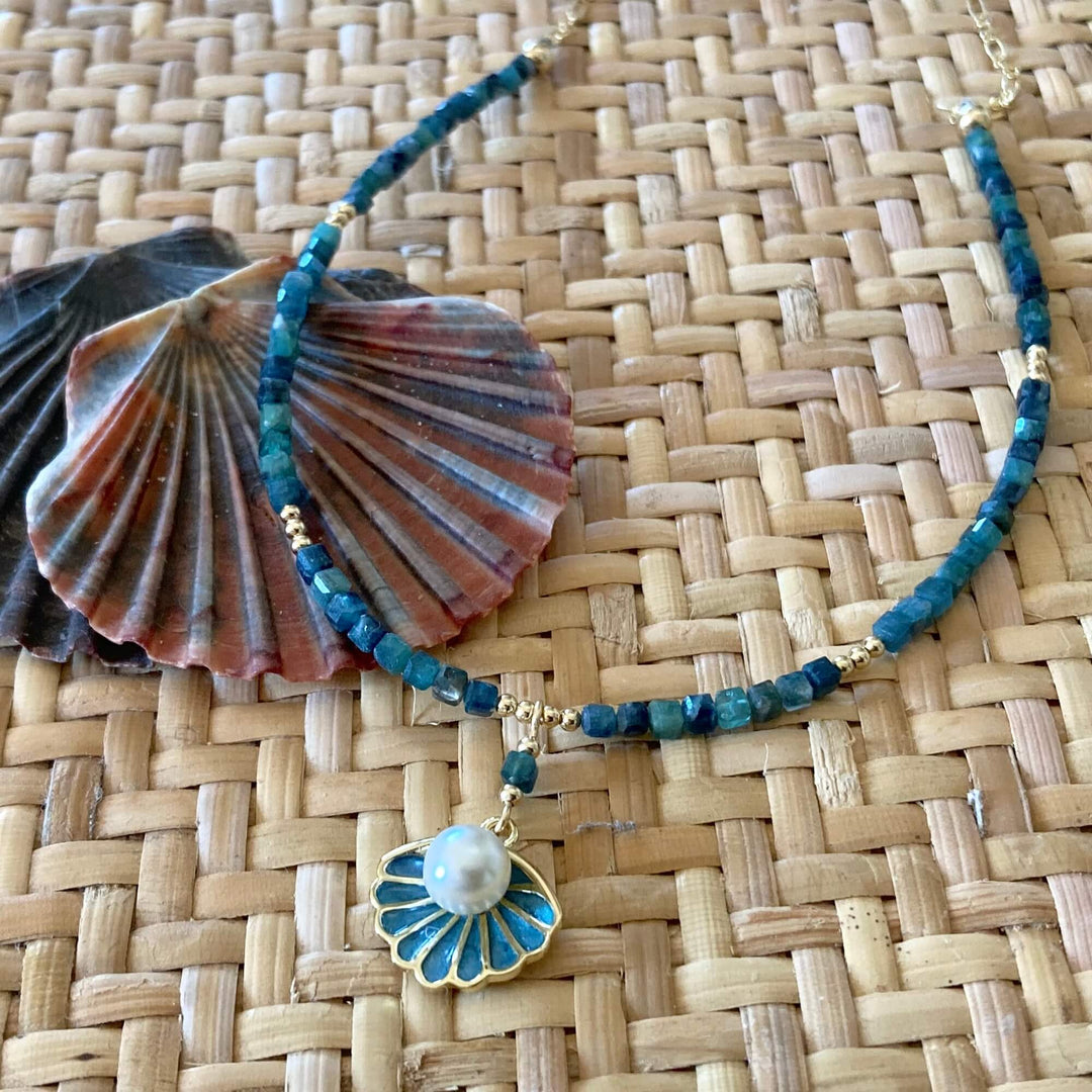 Paraiba Blue Tourmaline & Gold Shell Pendant Necklace