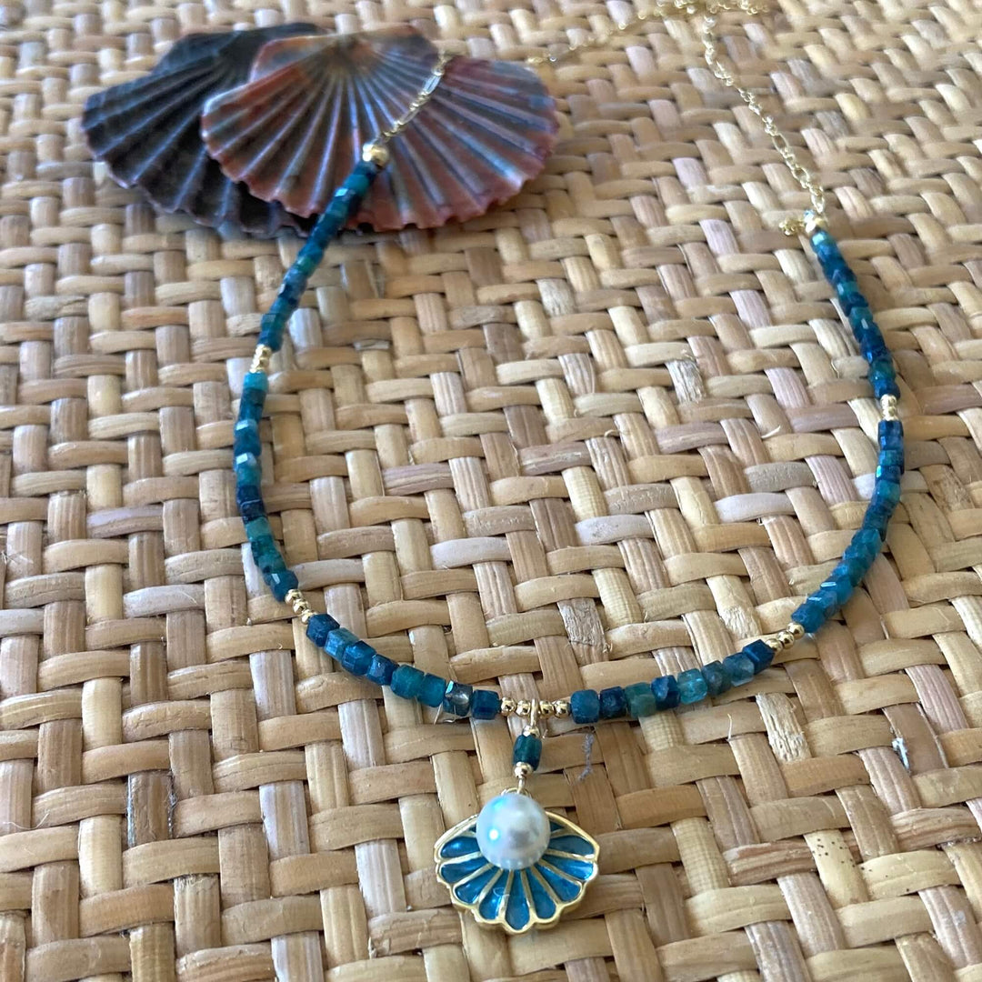 Paraiba Blue Tourmaline & Gold Shell Pendant Necklace