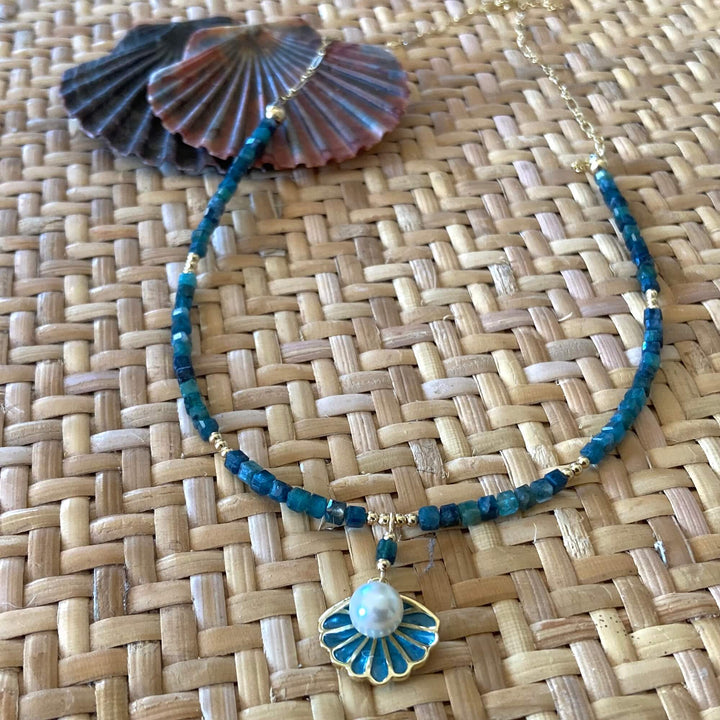 Paraiba Blue Tourmaline & Gold Shell Pendant Necklace