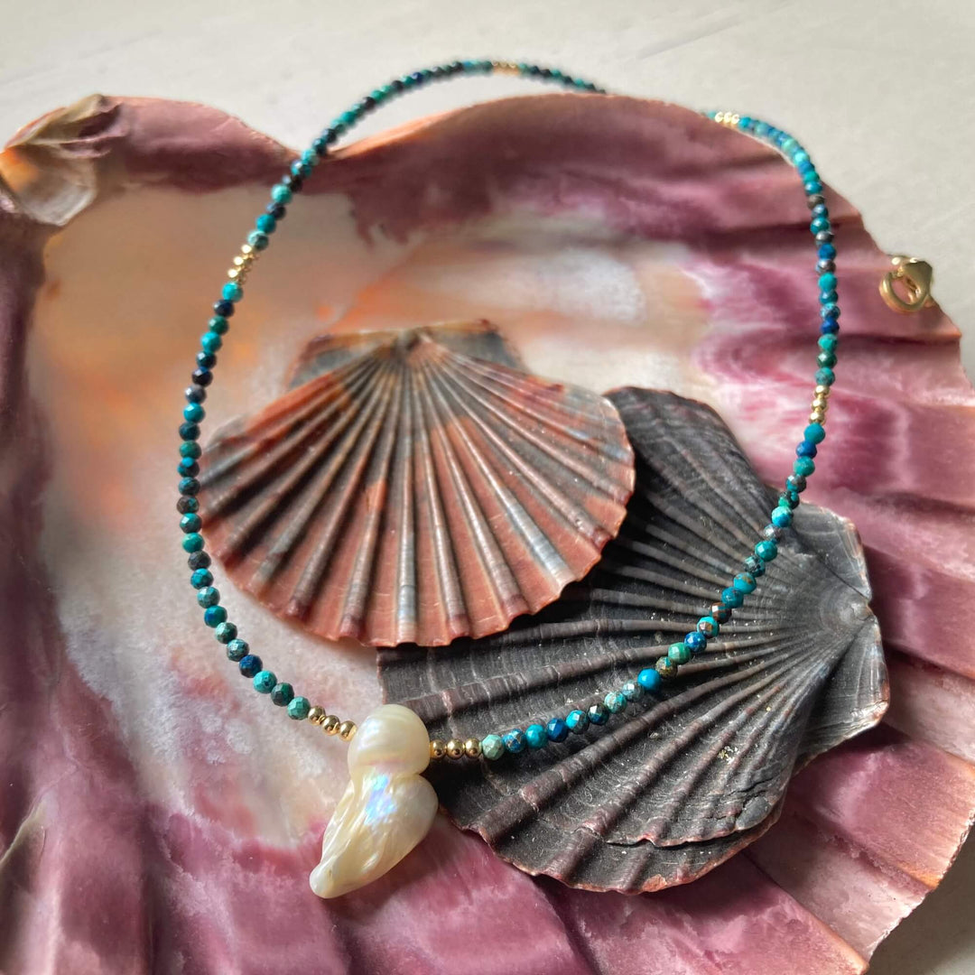 Golden Azurite & Pearl Neckalce