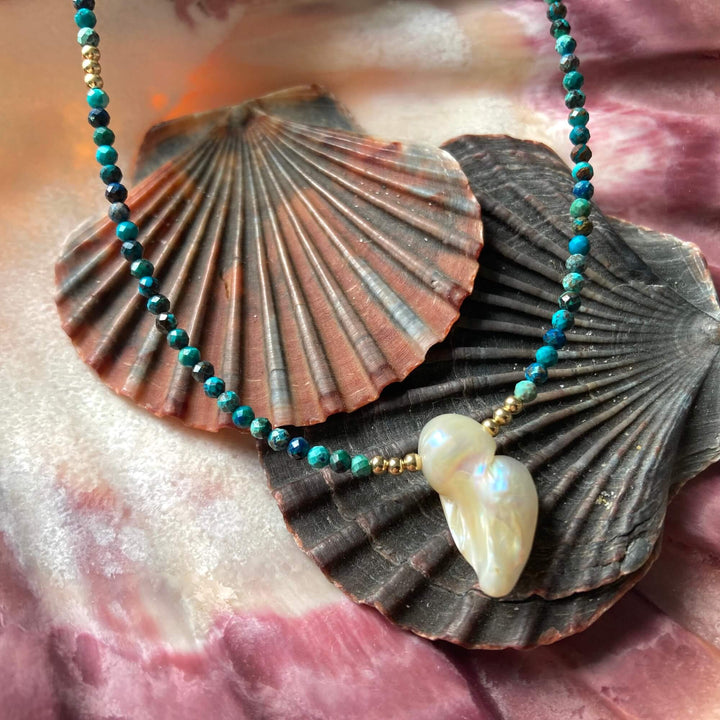 Golden Azurite & Pearl Neckalce