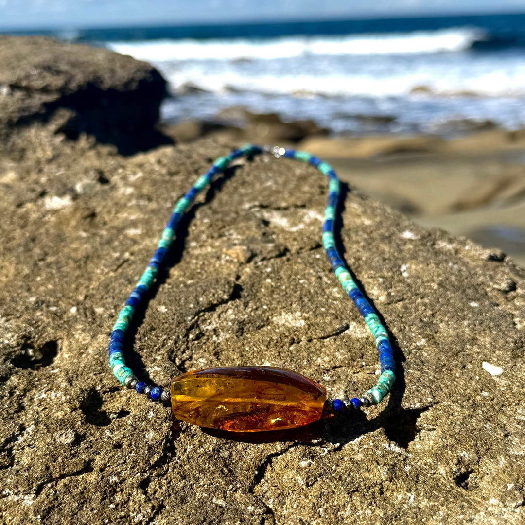 African Turquoise, Amber & Lapis Lazuli Necklace