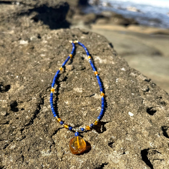 Amber & Lapis Lazuli Gold Necklace