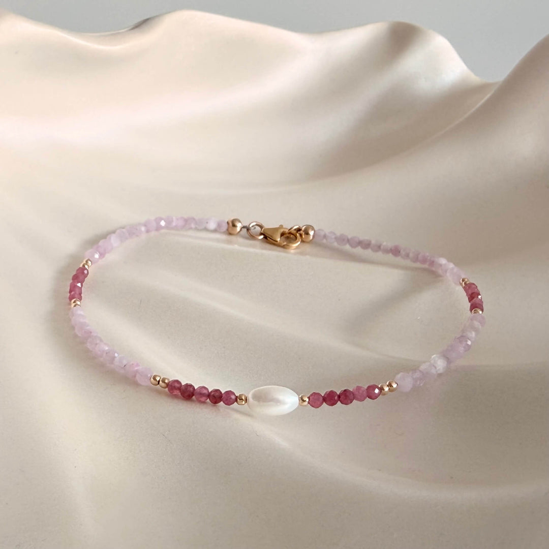 Golden Kunzite, Pink Tourmaline & Pearl One Of A Kind Anklet