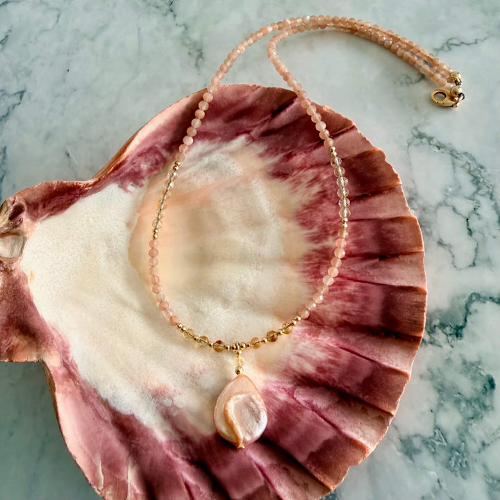 Golden Citrine, Sunstone and Pearl One Of A Kind Necklace