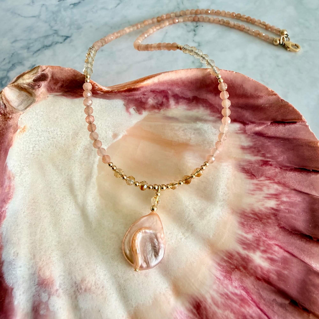 Golden Citrine, Sunstone and Pearl One Of A Kind Necklace
