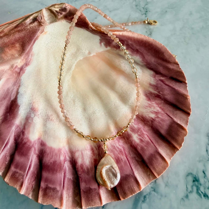 Golden Citrine, Sunstone and Pearl One Of A Kind Necklace