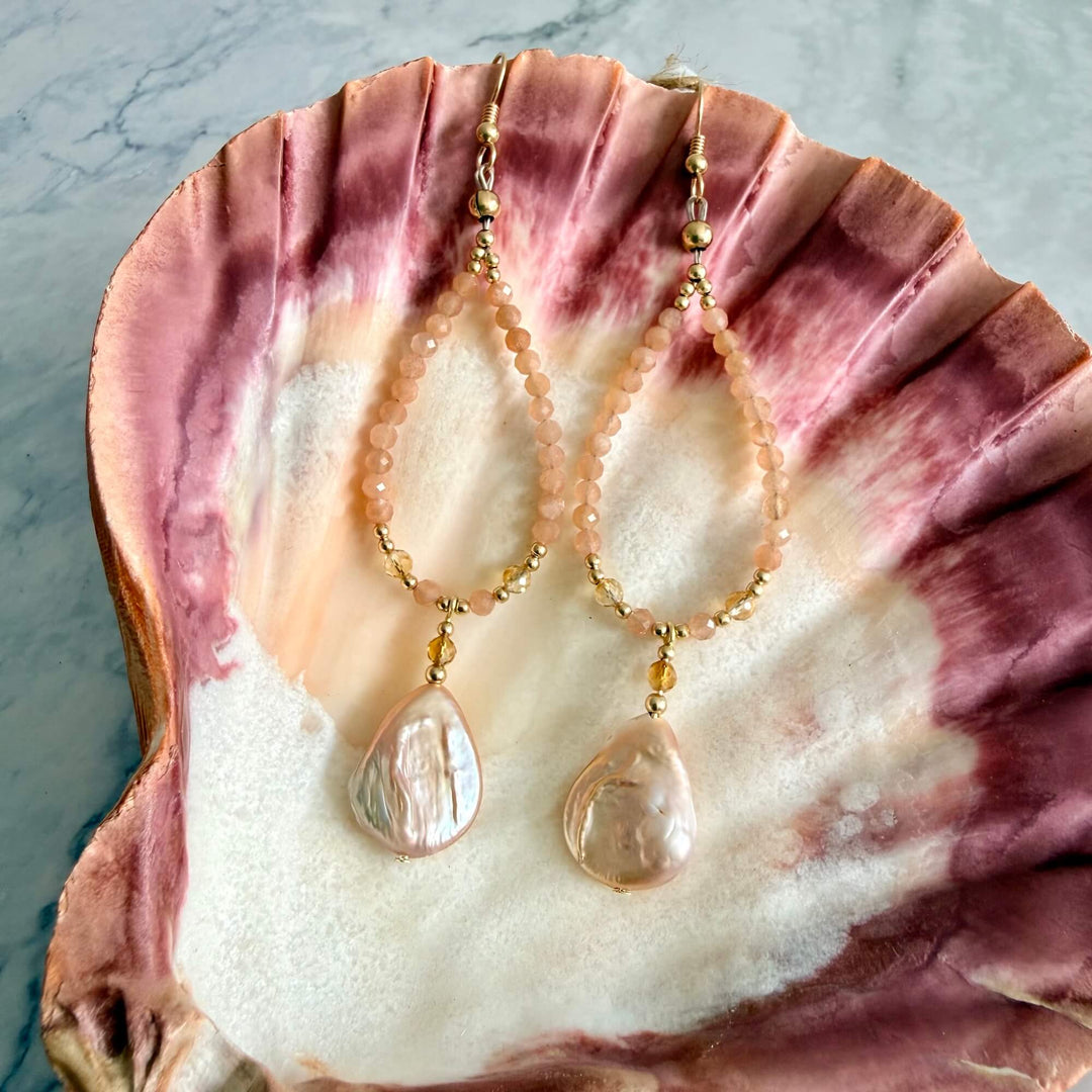 Golden Citrine, Sunstone and Pearl One Of A Kind Earrings