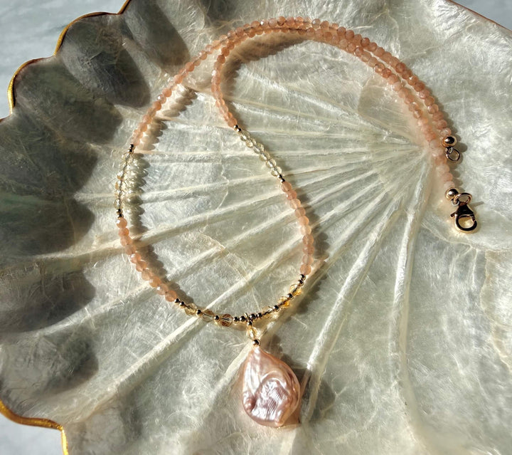 Golden Citrine, Sunstone and Pearl One Of A Kind Necklace
