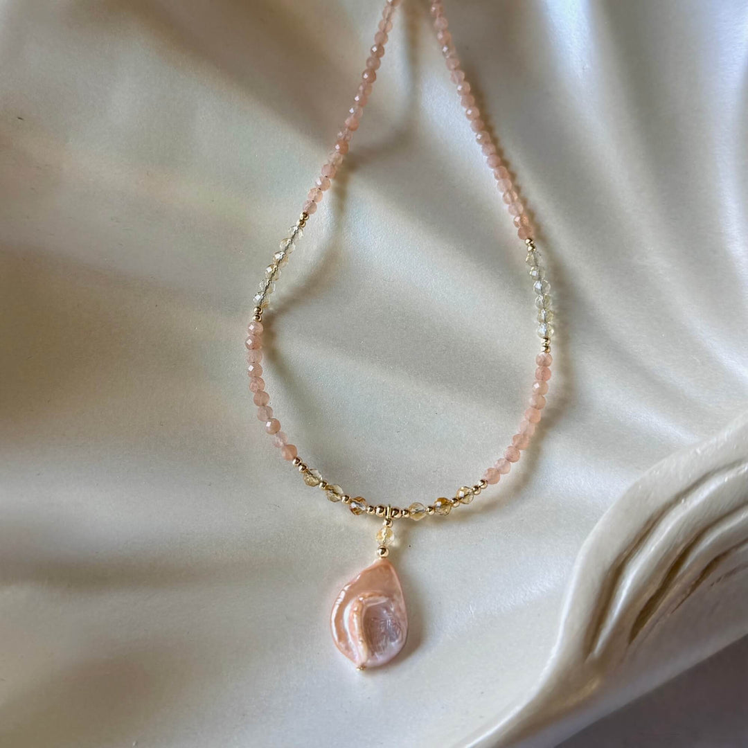 Golden Citrine, Sunstone and Pearl One Of A Kind Necklace