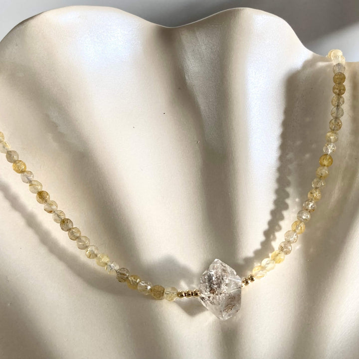 Golden Seeker Of Light Herkimer Diamond & Rutilated Quartz Necklace