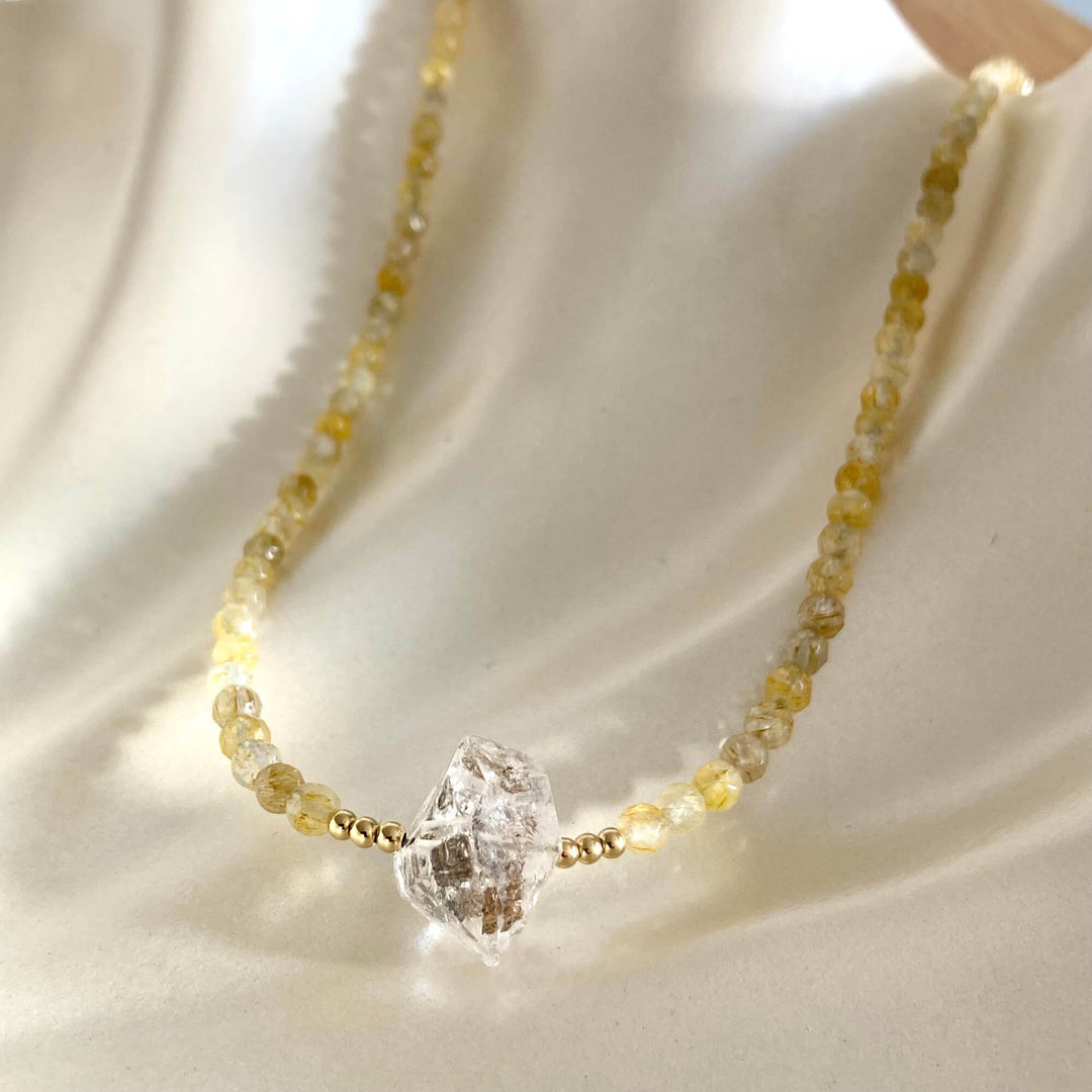 Golden Seeker Of Light Herkimer Diamond & Rutilated Quartz Necklace