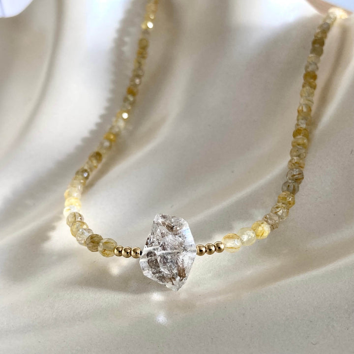 Golden Seeker Of Light Herkimer Diamond & Rutilated Quartz Necklace