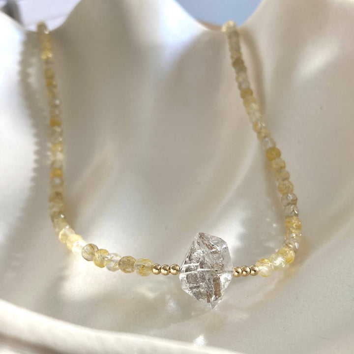 Golden Seeker Of Light Herkimer Diamond & Rutilated Quartz Necklace