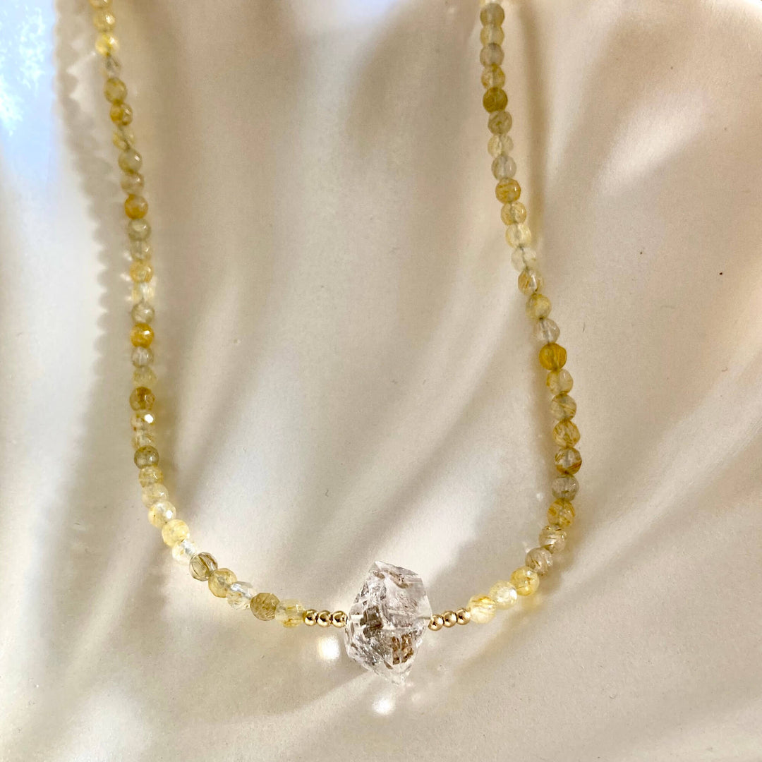 Golden Seeker Of Light Herkimer Diamond & Rutilated Quartz Necklace