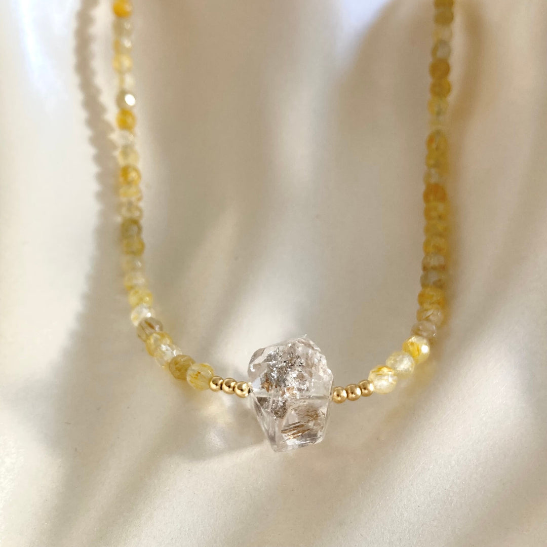 Golden Seeker Of Light Herkimer Diamond & Rutilated Quartz Necklace