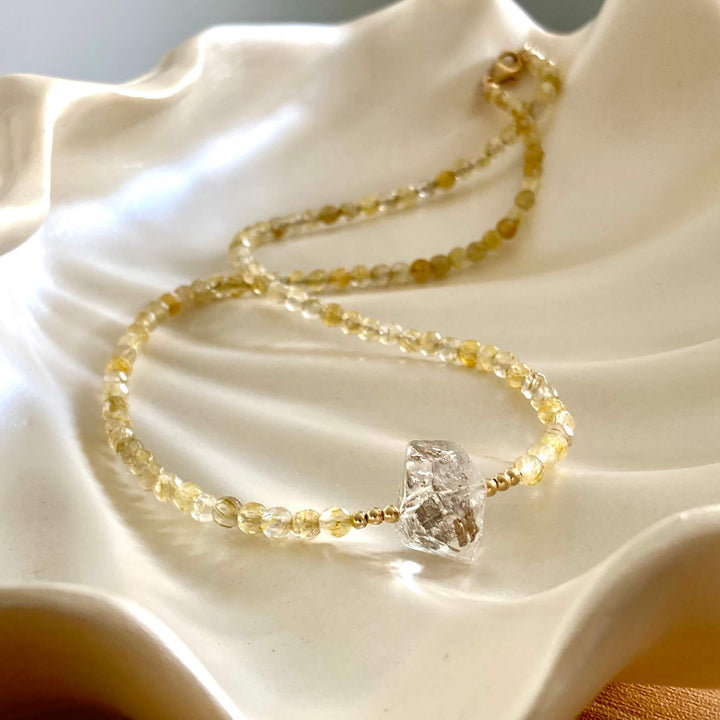 Golden Seeker Of Light Herkimer Diamond & Rutilated Quartz Necklace