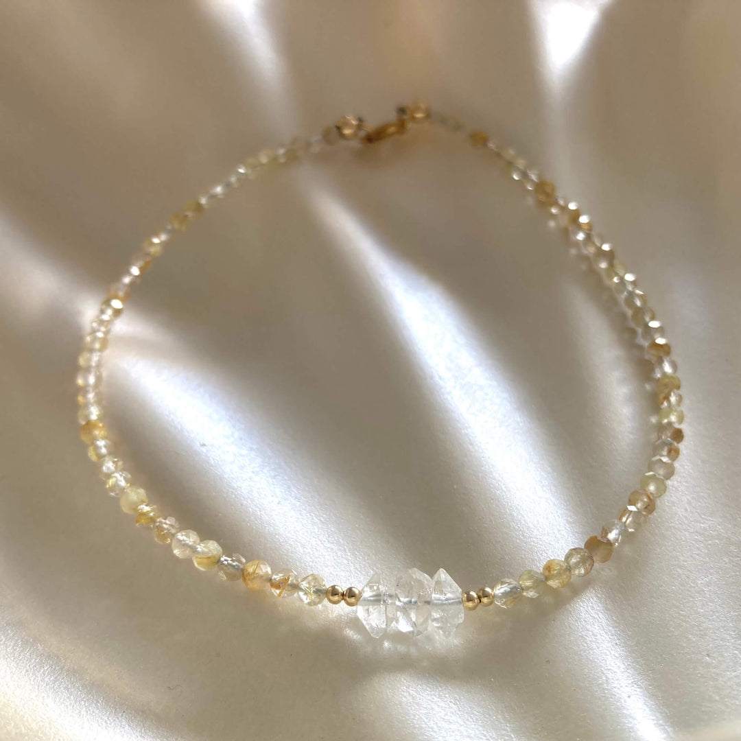 Golden Seeker Of Light Herkimer Diamond & Rutilated Quartz Anklet