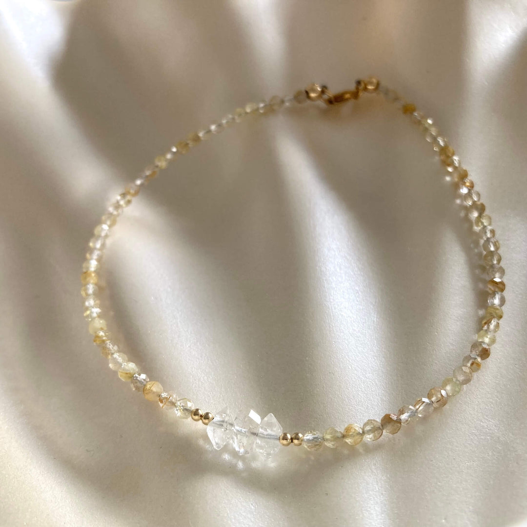 Golden Seeker Of Light Herkimer Diamond & Rutilated Quartz Anklet