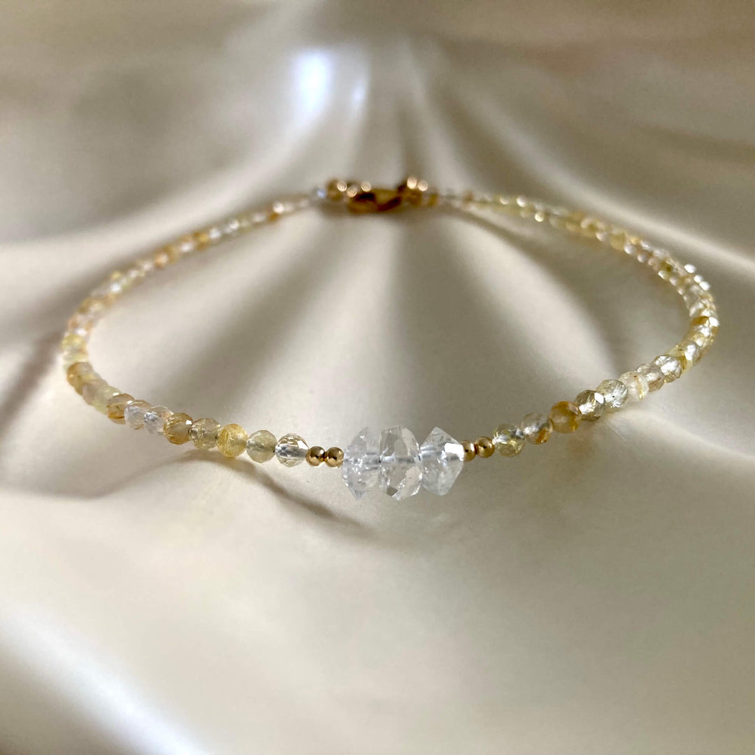 Golden Seeker Of Light Herkimer Diamond & Rutilated Quartz Anklet