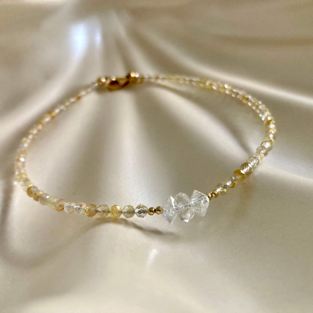 Golden Seeker Of Light Herkimer Diamond & Rutilated Quartz Anklet