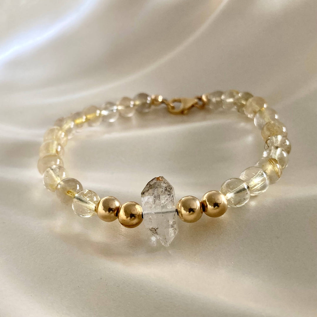 Golden Seeker Of Light Herkimer Diamond & Rutilated Quartz Bracelet
