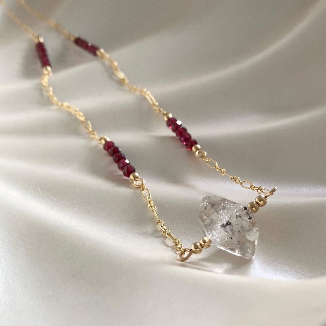 Golden Herkimer Diamond and Garnet Chain Necklace