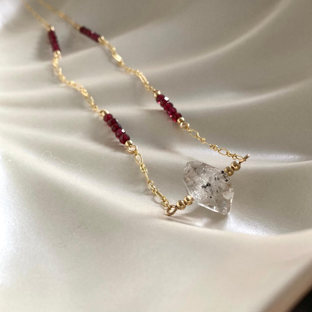 Golden Herkimer Diamond and Garnet Chain Necklace