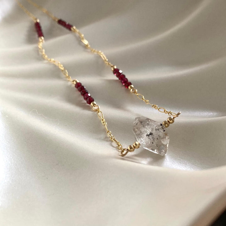 Golden Herkimer Diamond and Garnet Chain Necklace