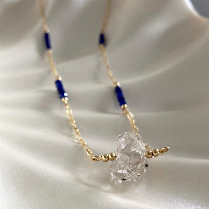 Golden Herkimer Diamond and Lapis Lazuli Chain Necklace