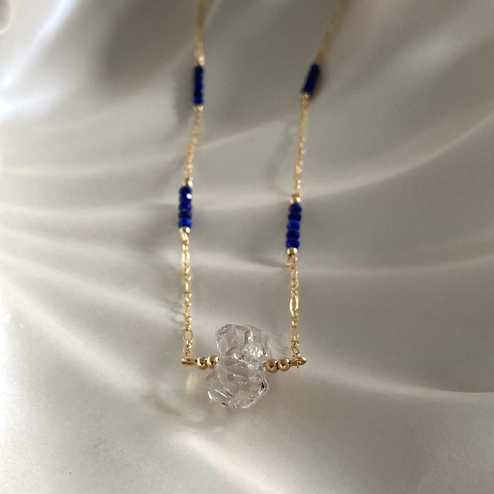 Golden Herkimer Diamond and Lapis Lazuli Chain Necklace