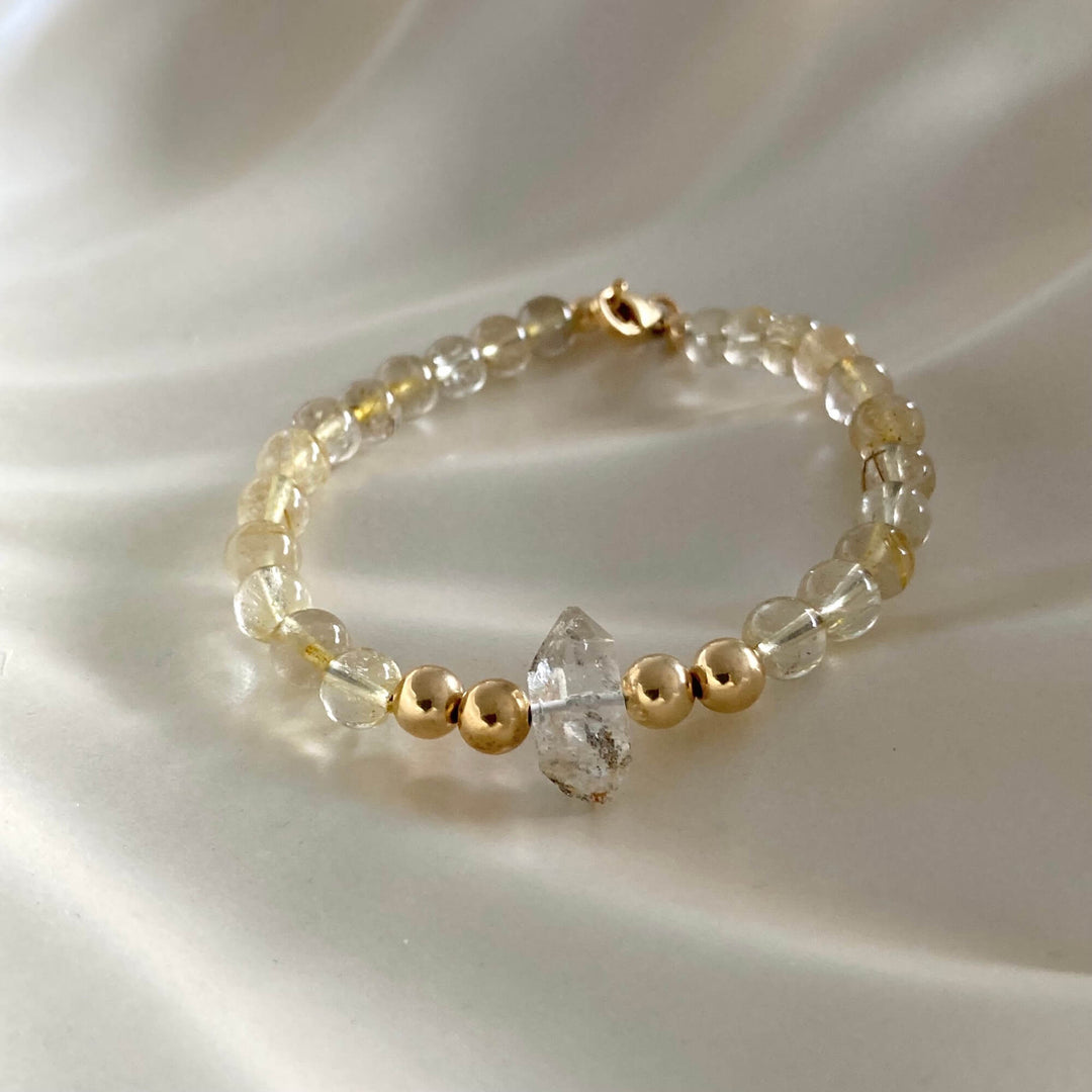 Golden Seeker Of Light Herkimer Diamond & Rutilated Quartz Bracelet