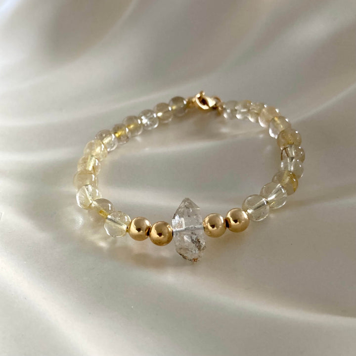 Golden Seeker Of Light Herkimer Diamond & Rutilated Quartz Bracelet