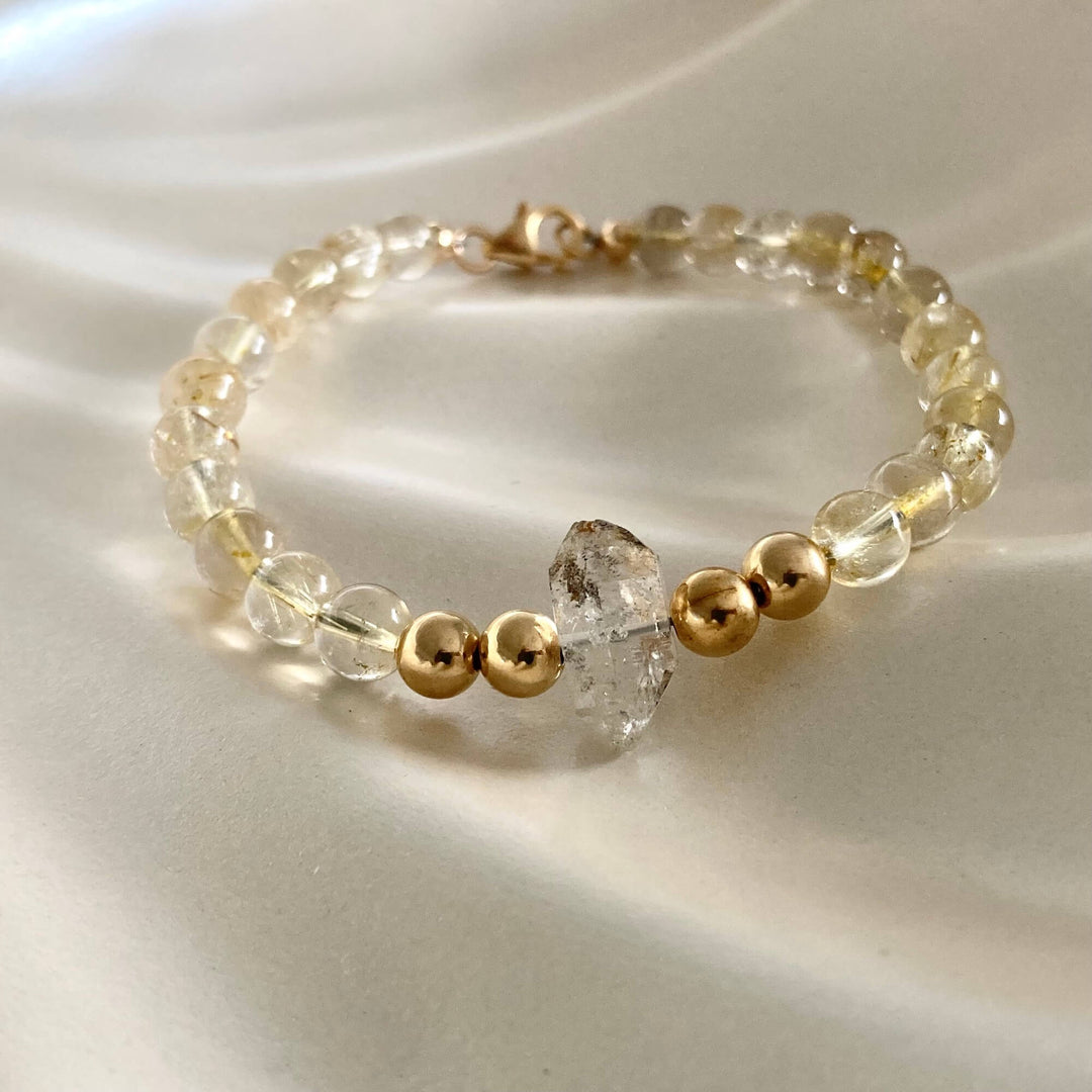 Golden Seeker Of Light Herkimer Diamond & Rutilated Quartz Bracelet