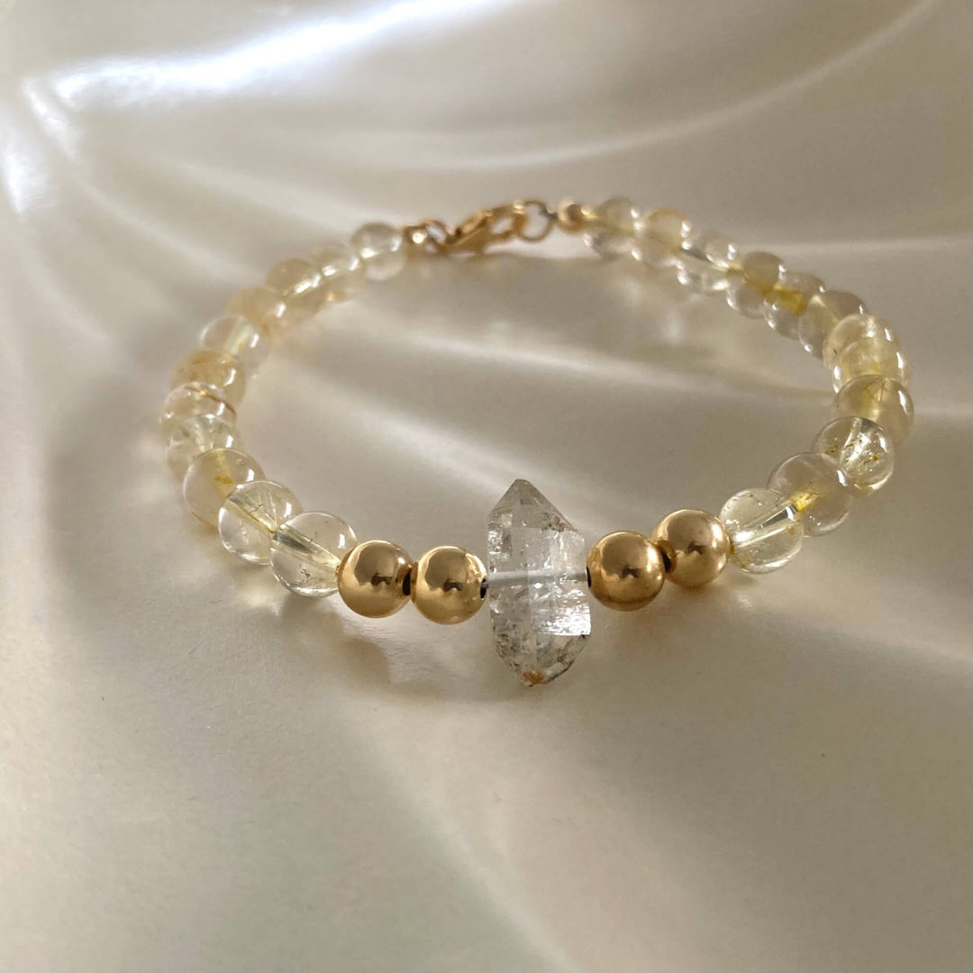 Golden Seeker Of Light Herkimer Diamond & Rutilated Quartz Bracelet