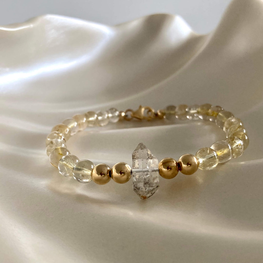 Golden Seeker Of Light Herkimer Diamond & Rutilated Quartz Bracelet